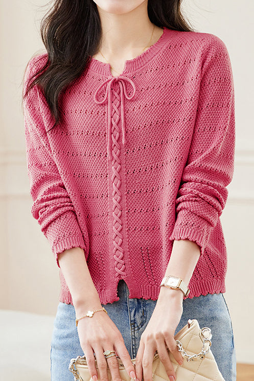 Hollowed-out round-neck knitted shirt