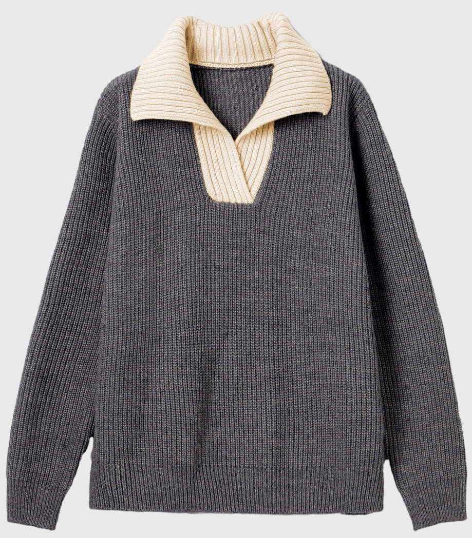 Lapel color-blocked knitted sweater