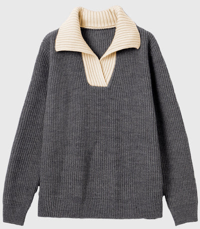 Lapel color-blocked knitted sweater