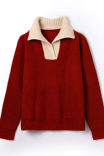 Lapel color-blocked knitted sweater