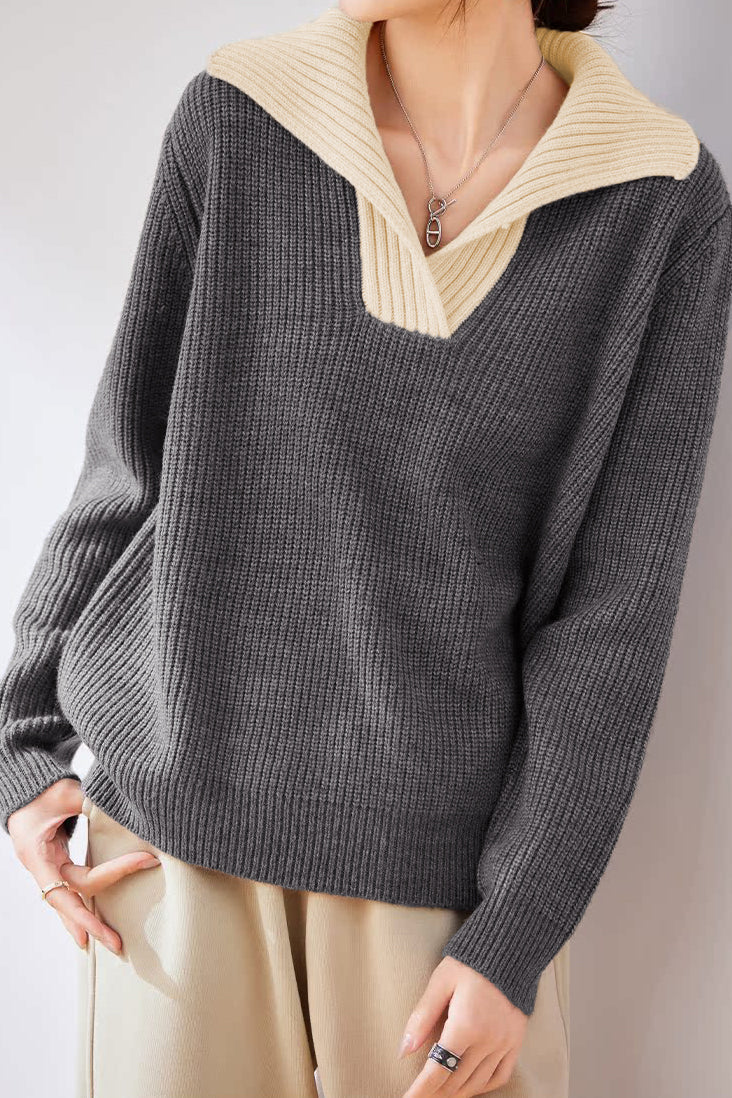 Lapel color-blocked knitted sweater