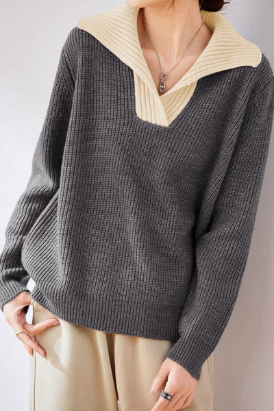 Lapel color-blocked knitted sweater