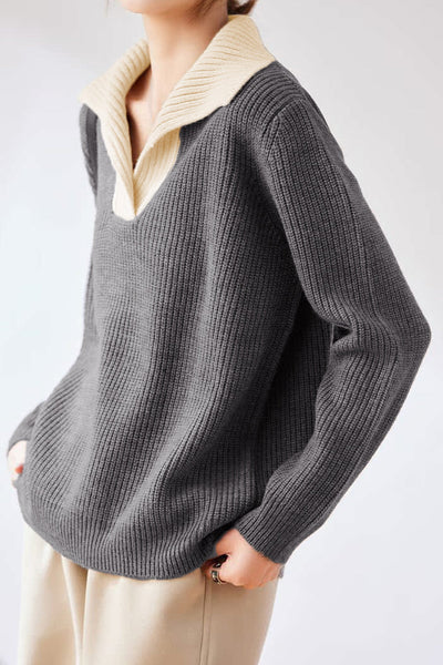 Lapel color-blocked knitted sweater
