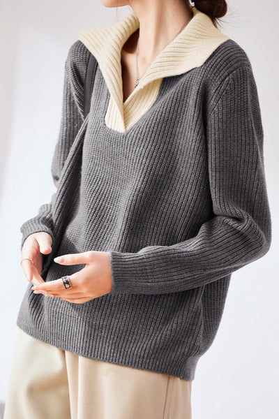 Lapel color-blocked knitted sweater