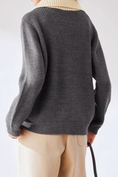 Lapel color-blocked knitted sweater