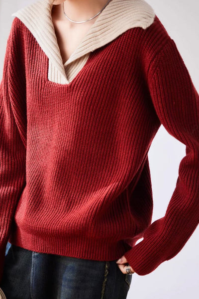Lapel color-blocked knitted sweater