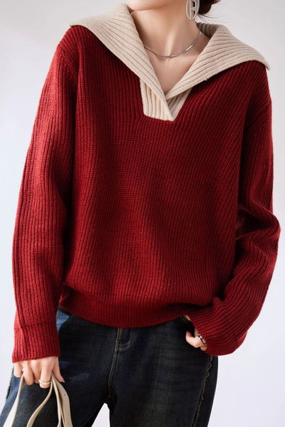 Lapel color-blocked knitted sweater