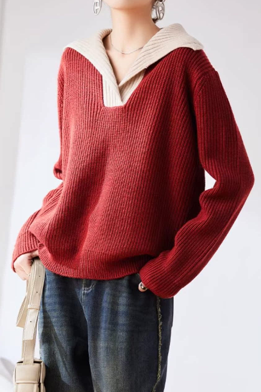 Lapel color-blocked knitted sweater