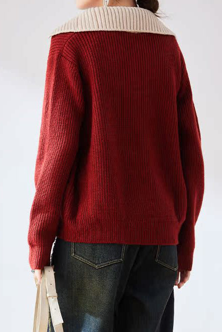 Lapel color-blocked knitted sweater