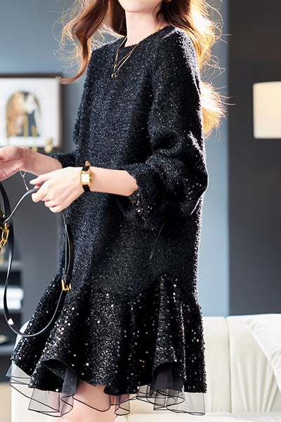 Round-neck mesh sequin spliced dress