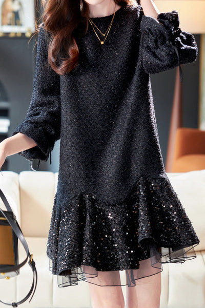 Round-neck mesh sequin spliced dress