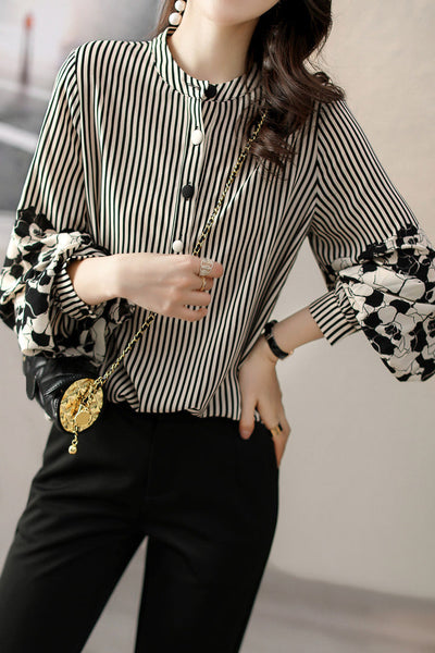 Striped lantern-sleeve shirt that is slimming and all-match