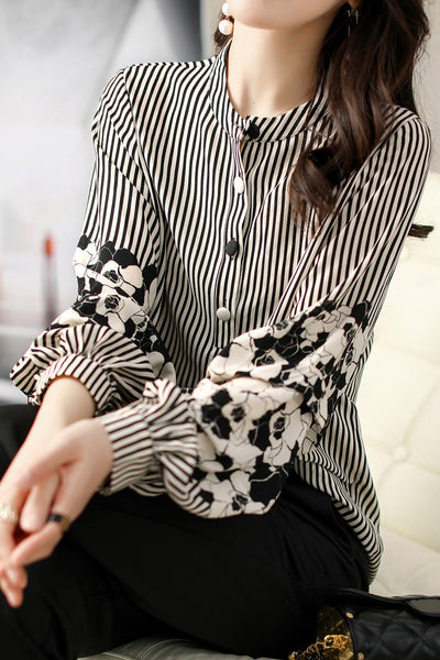 Striped lantern-sleeve shirt that is slimming and all-match