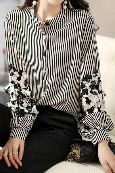 Striped lantern-sleeve shirt that is slimming and all-match