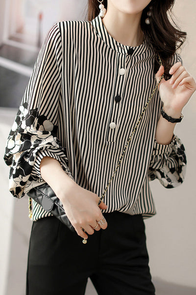 Striped lantern-sleeve shirt that is slimming and all-match