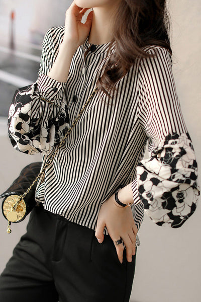 Striped lantern-sleeve shirt that is slimming and all-match