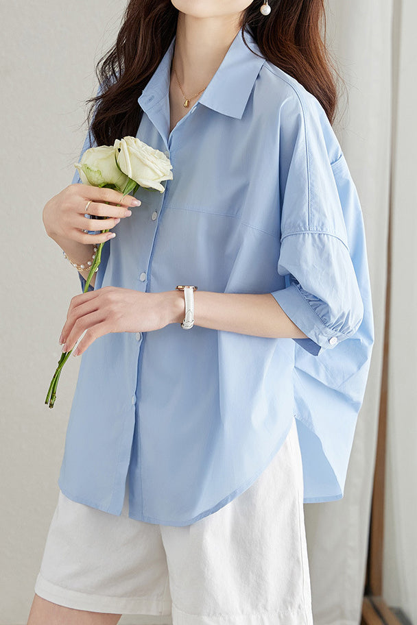 Solid-color Loose Mid-length Sleeve Shirt