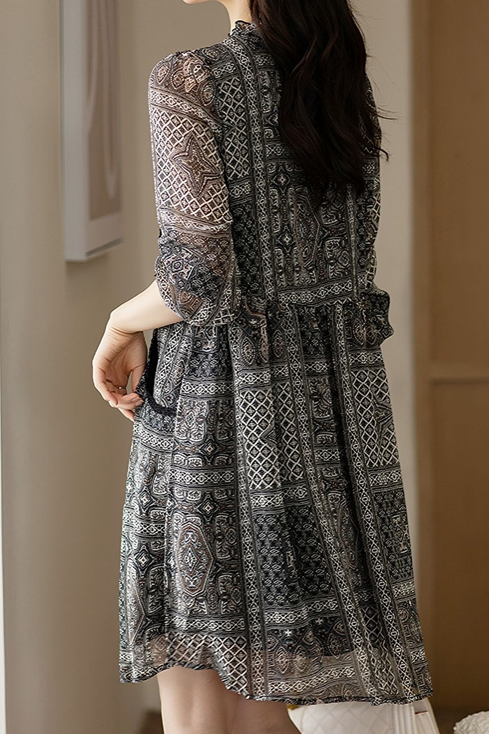 Lace Ruffled-Edge Printed Dress
