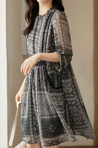 Lace Ruffled-Edge Printed Dress