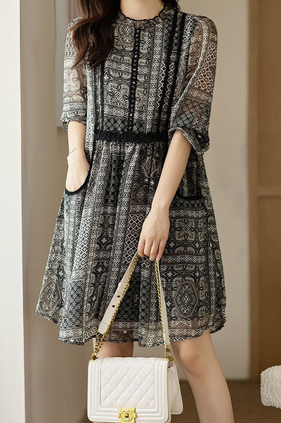 Lace Ruffled-Edge Printed Dress