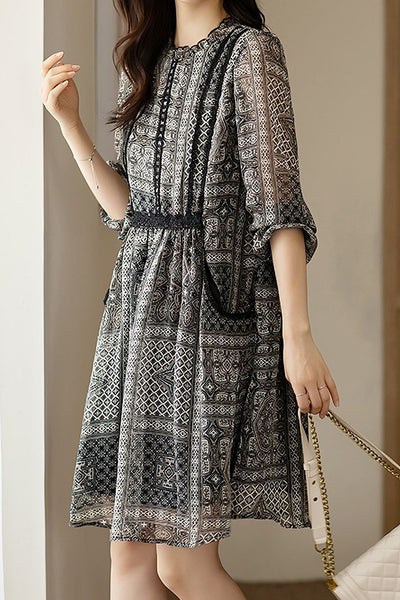 Lace Ruffled-Edge Printed Dress