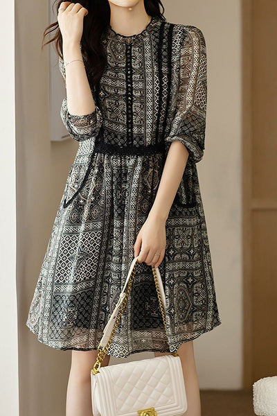 Lace Ruffled-Edge Printed Dress