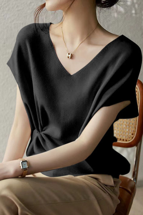 Solid Colored V-neck Knitted T-shirt