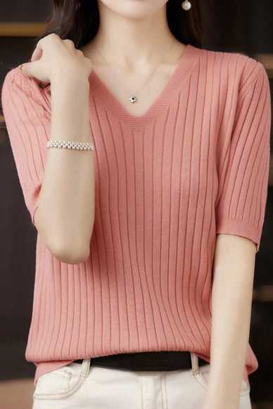 Solid Color V-neck Knitted T-shirt