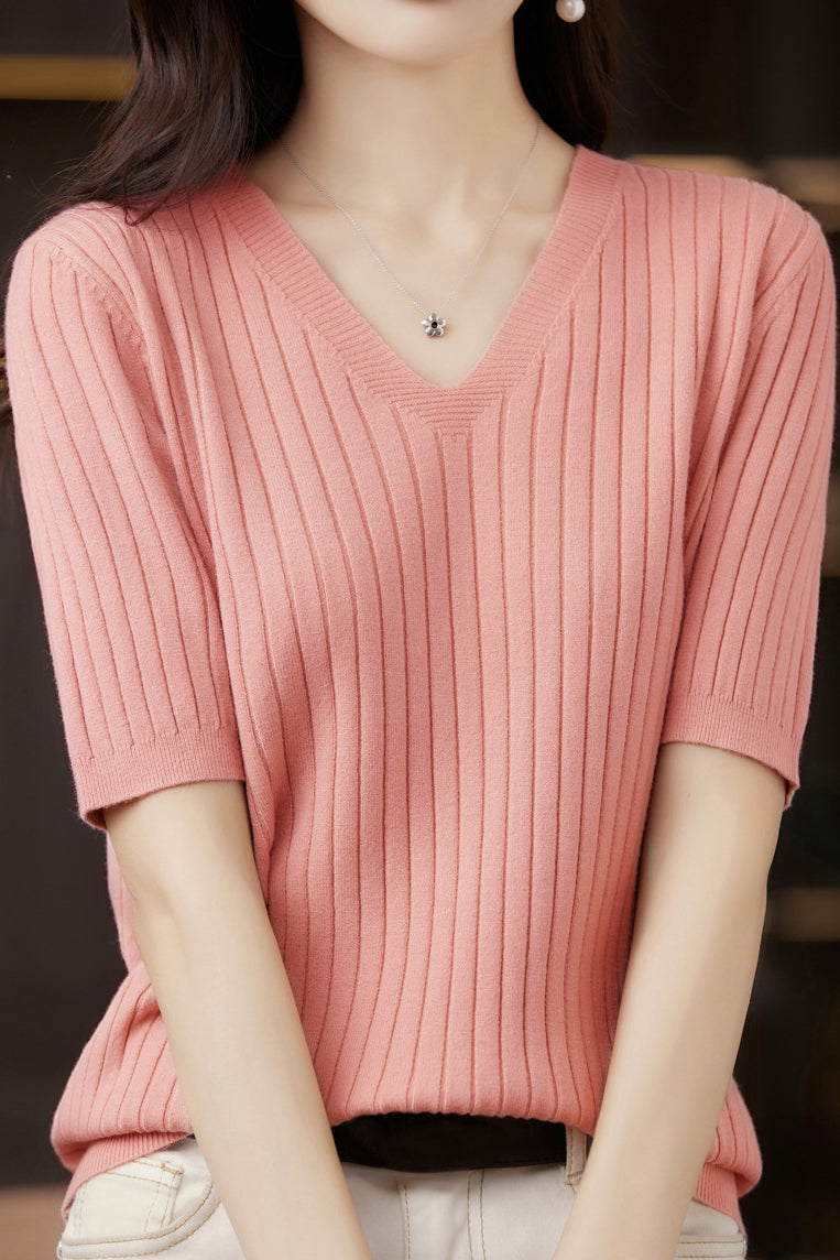 Solid Color V-neck Knitted T-shirt
