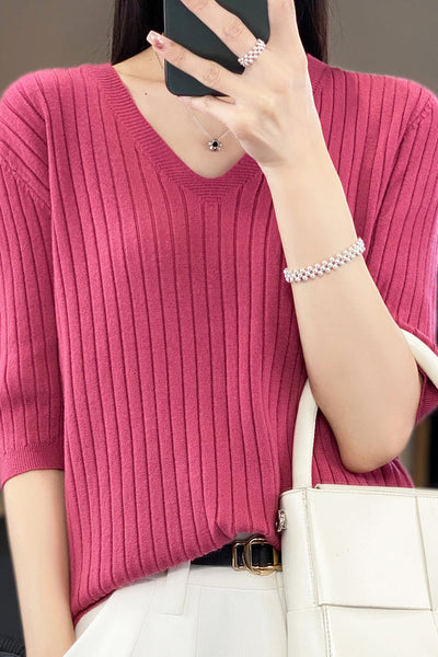 Solid Color V-neck Knitted T-shirt
