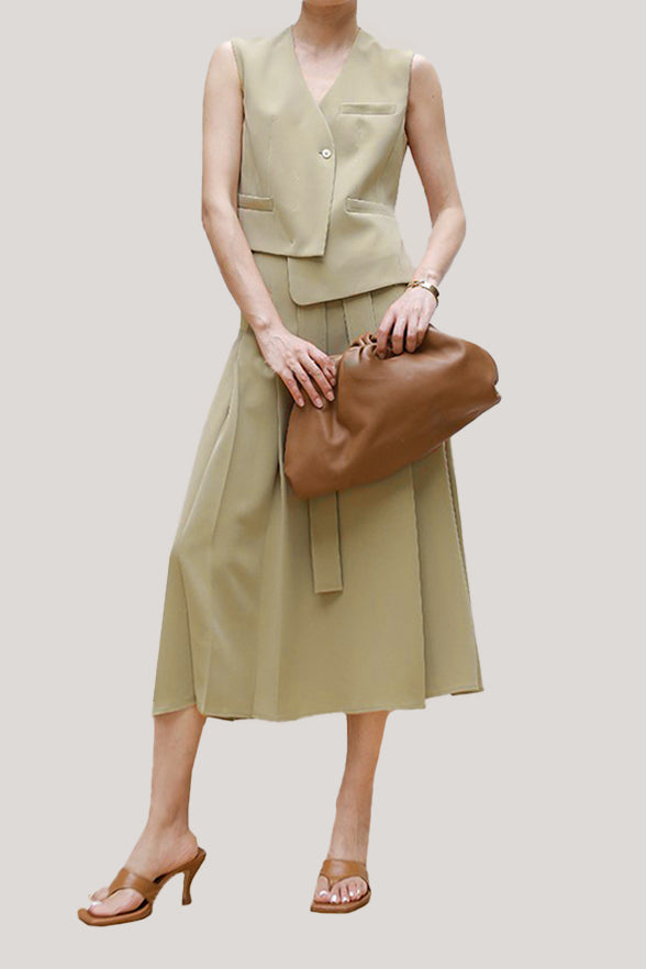 Commuting Simple Waistcoat and Midi Skirt Set