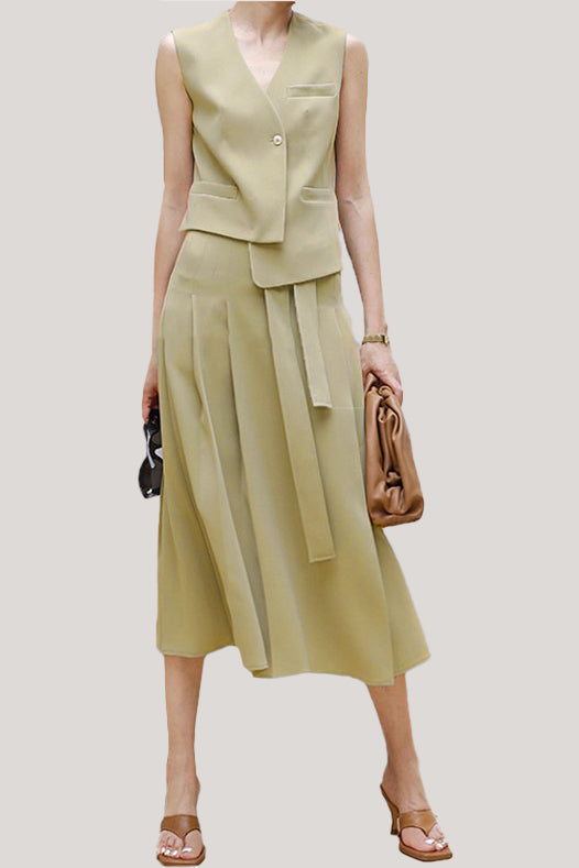 Commuting Simple Waistcoat and Midi Skirt Set