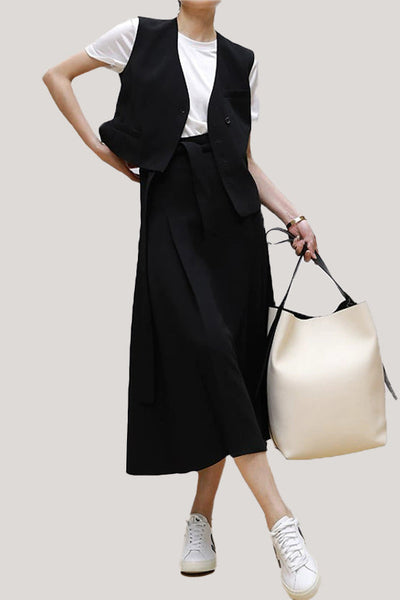 Commuting Simple Waistcoat and Midi Skirt Set
