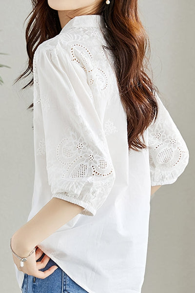 Embroidered and Hollowed Solid-color Shirt