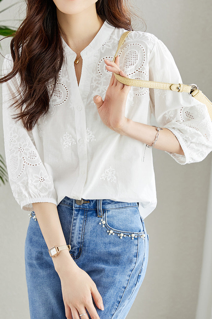 Embroidered and Hollowed Solid-color Shirt