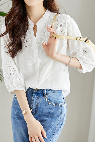 Embroidered and Hollowed Solid-color Shirt