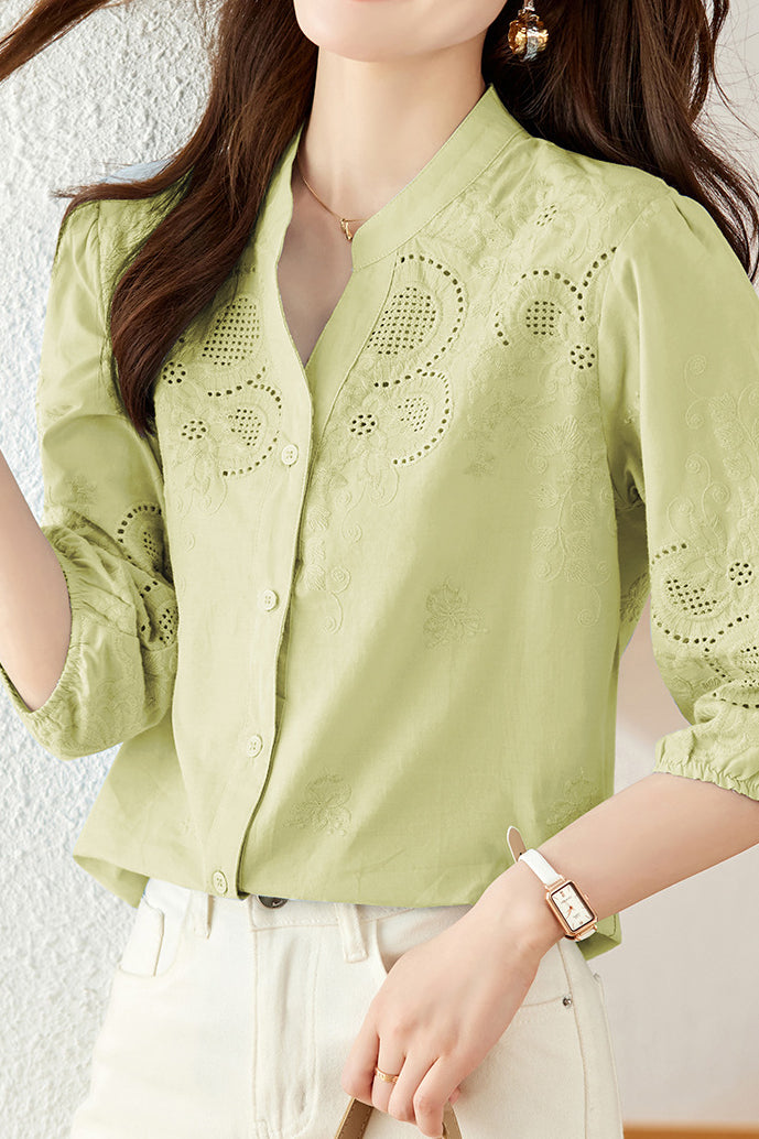 Embroidered and Hollowed Solid-color Shirt