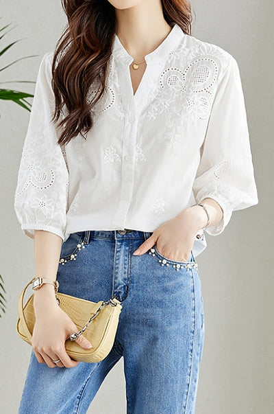 Embroidered and Hollowed Solid-color Shirt