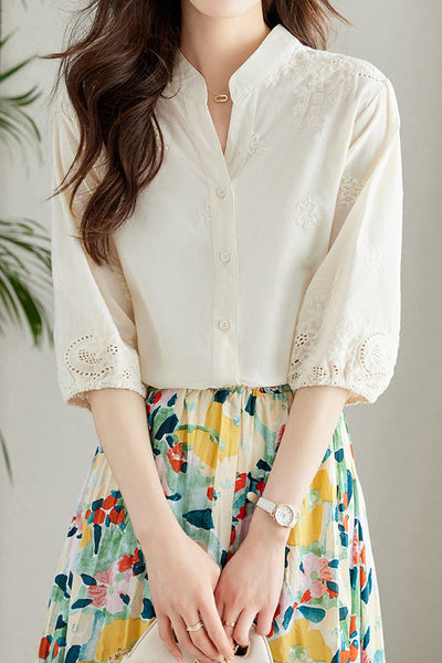 Embroidered and Hollowed Solid-color Shirt