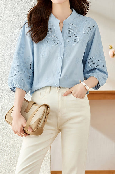 Embroidered and Hollowed Solid-color Shirt