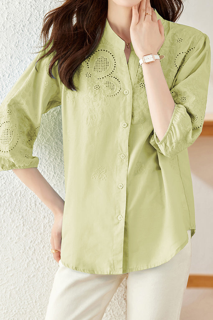 Embroidered and Hollowed Solid-color Shirt