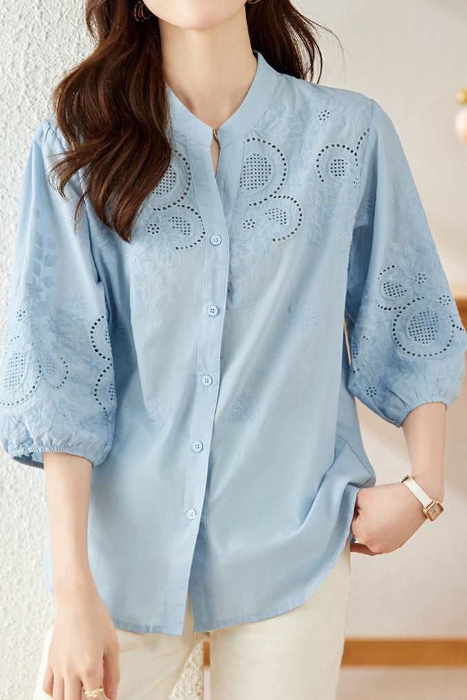 Embroidered and Hollowed Solid-color Shirt