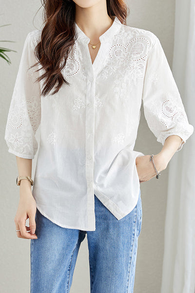 Embroidered and Hollowed Solid-color Shirt