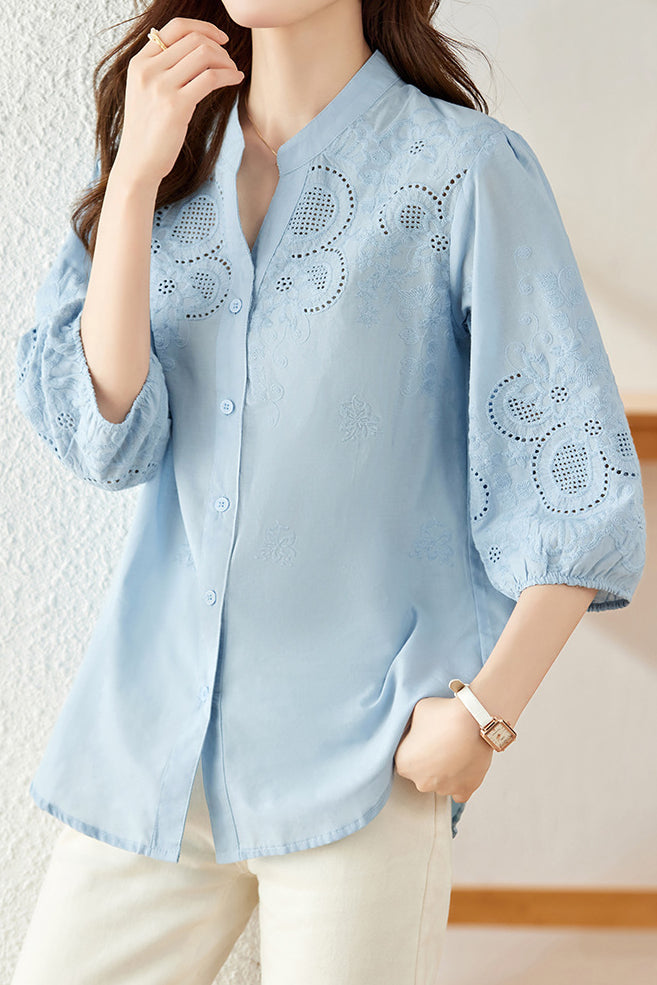 Embroidered and Hollowed Solid-color Shirt