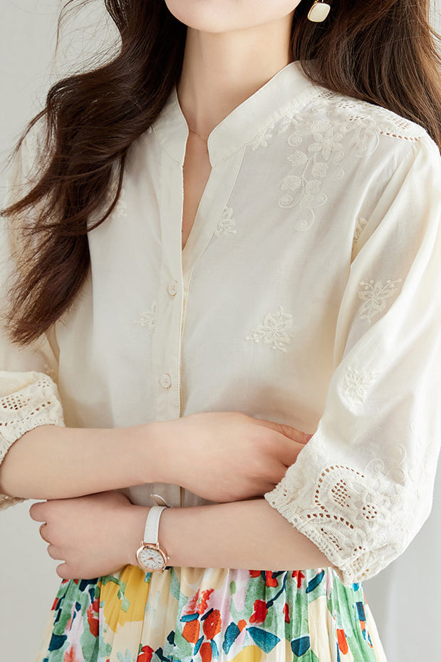 Embroidered and Hollowed Solid-color Shirt