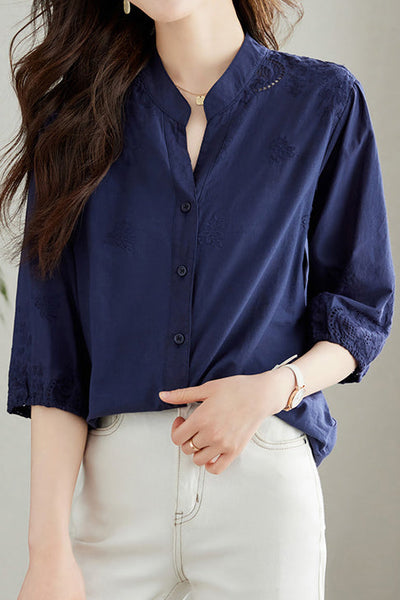 Embroidered and Hollowed Solid-color Shirt