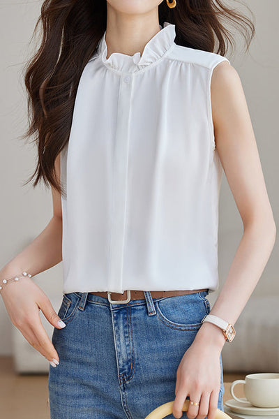 Solid Colored Ruffled Sleeveless Shirt