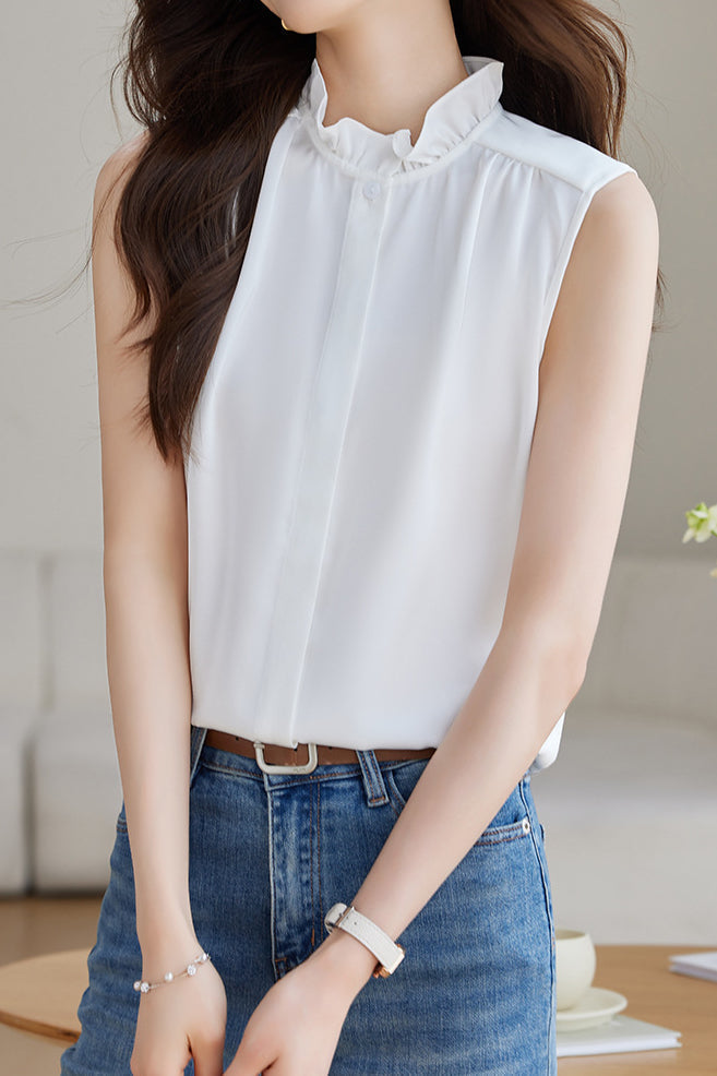 Solid Colored Ruffled Sleeveless Shirt