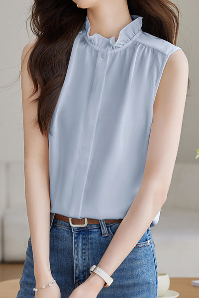 Solid Colored Ruffled Sleeveless Shirt