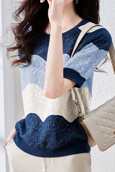 Color Blocked Hollowed Knitted Short Sleeve Shirt